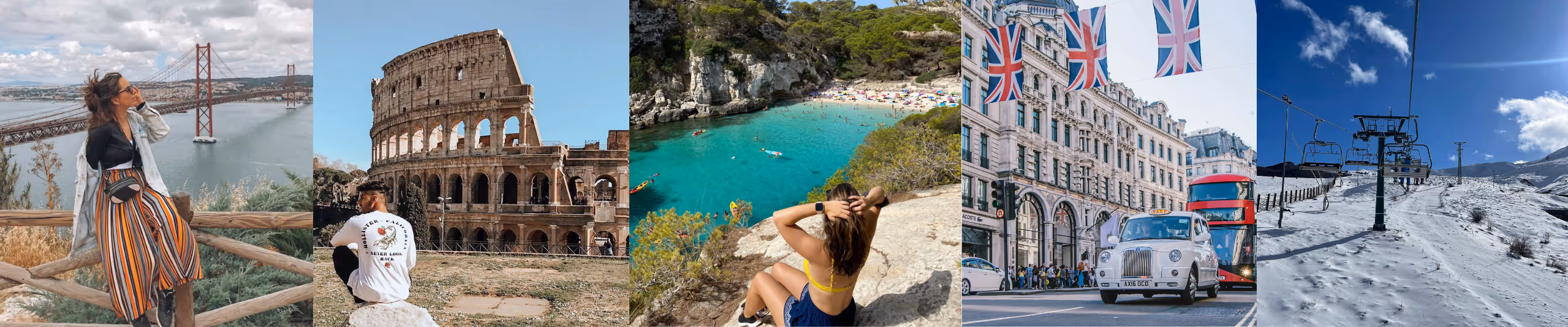 Photos of Nas and Alba in the following European destinations: Lisbon, Rome, Menorca, London and Formigal